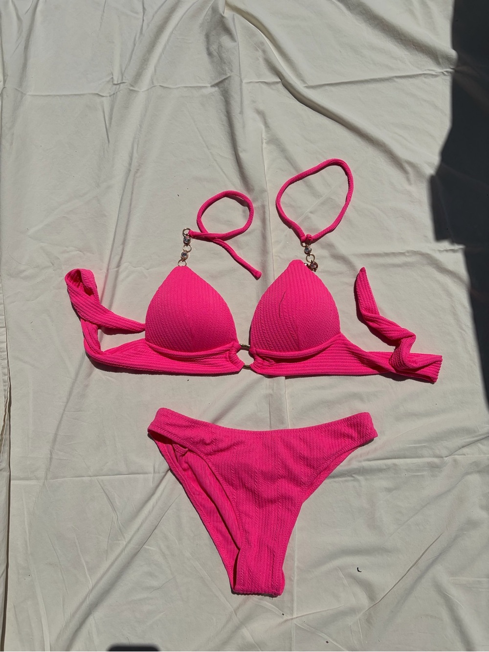 Hot Pink Ribbed Triangle Bikini Set - Women Swim